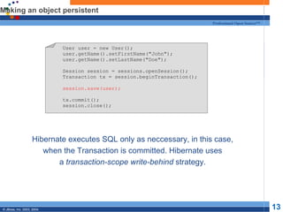 Making an object persistent Hibernate executes SQL only as neccessary, in this case, when the Transaction is committed. Hibernate uses a  transaction-scope write-behind  strategy. User user = new User(); user.getName().setFirstName("John"); user.getName().setLastName("Doe"); Session session = sessions.openSession(); Transaction tx = session.beginTransaction(); session.save(user); tx.commit(); session.close(); 