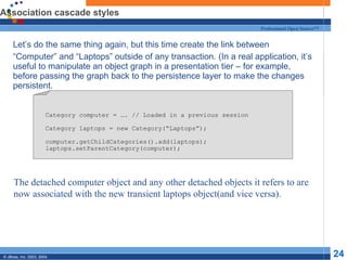 Association cascade styles Let’s do the same thing again, but this time create the link between “ Computer” and “Laptops” outside of any transaction. (In a real application, it’s useful to manipulate an object graph in a presentation tier – for example, before passing the graph back to the persistence layer to make the changes persistent. Category computer = …. // Loaded in a previous session Category laptops = new Category(“Laptops”); computer.getChildCategories().add(laptops); laptops.setParentCategory(computer); The detached computer object and any other detached objects it refers to are now associated with the new transient laptops object(and vice versa). 