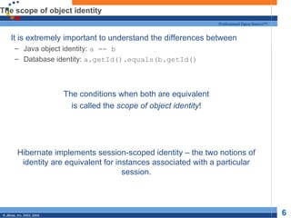 The scope of object identity It is extremely important to understand the differences between Java object identity:  a == b Database identity:  a.getId().equals(b.getId() The conditions when both are equivalent is called the  scope of object identity ! Hibernate implements session-scoped identity – the two notions of identity are equivalent for instances associated with a particular session. 
