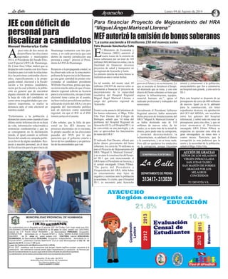 EntretenimientoEntretenimientoEntretenimientoEntretenimientoEntretenimientoEntretenimientoLa CalleLa CalleLa CalleLa Calle Lunes 04 de Agosto de 2014
AyacuchoAyacucho
MEFautorizólaemisióndebonossoberanos
JEE con déficit de
personal para
fiscalizar a candidatos
poco más de dos meses de
desarrollarse las elecciones
regionales y municipalesA2014, el Presidente del Jurado Elec-
toral Especial (JEE) de Huamanga,
Dr. César Arce Villar, indicó que su
despacho solo cuenta con tres fisca-
lizadores para ver todo lo relaciona-
do a las próximas contiendas electo-
rales, específicamente a la propa-
ganda estatal, electoral y la fiscali-
zación a los propios candidatos,
razón por la cual exhortó a la pobla-
ción en general que de encontrar
alguna omisión de información en
la hoja de vida del candidato, así
como otras irregularidades que con-
sideren importante, se realice la
denuncia ante el ente electoral en
nuestraciudad.
"Exhortamos a la población a
denunciarcasos comocuandoelcan-
didato omite información en su hoja
de vida, información relacionada a
sentencias condenatorias y que no
se consignaron en la declaración
jurada, al igual cuando se utilizan
bienes del estado en campaña políti-
ca en favor de algún candidato. Res-
pecto a nuestro personal, en el área
de fiscalización para la provincia de
Huamanga contamos con tres per-
sonas, y en cada provincia que está
dentro de nuestra jurisdicción una
persona a cargo", precisó el Presi-
dentedelJEEdeHuamanga.
Respecto a la propaganda estatal, se
ha observado solo en la zona metro-
politana de la provincia de Huaman-
ga una gran cantidad de pintas rela-
cionadas al candidato presidente
Wilfredo Oscorima, pintas que apa-
recieronmuchoantesdequeelman-
datario regional solicite su licencia
para ir a la reelección, sin que el ente
electoral tome cartas en el asunto,
incluso realizó proselitismo político
utilizandoelpolodelARAyconpro-
paganda del movimiento político
aun en ejercicio como autoridad
regional, sin que el JEE ni el JNE
tomencartasenelasunto.
Cabe señalar, que la falta de per-
sonal en los JEE durante los
procesos electorales no es reciente,
lo propio sucedió en las elecciones
pasadas del 2010, por lo que
pareciera que el gobierno estaría a
favor de los candidatos y en particu-
lardelasautoridadesquevan
l Ministerio de Economía y
Finanzas (MEF) autorizó el
cuarto tramo de la emisión deEbonos soberanos por un total de 169
millones 846,444 nuevos soles, con la
finalidad de financiar diversos
proyectos de salud y transportes en
lasregionesdeAyacuchoyJunín.
La emisión interna de estos bonos se
realizaráenunaovariasfechas.
En tal sentido, del monto total, 69
millones 230,939 de nuevos soles se
destinarán a financiar el proyecto de
mejoramiento de la capacidad
resolutiva del Hospital Regional
Miguel Ángel Mariscal Llerena, a
cargo del gobierno regional de
Ayacucho.
Frente a este anuncio del préstamo de
los bonos soberanos, el Blgo. Félix
Vila Past Decano del Colegio de
Biólogos, señaló que “el tema del
problema del Hospital Regional de
Ayacucho (II-2) y el Hospital III-1, se
ha convertido en una patología, y de
esto se aprovechan los funcionarios
deturnodelGRA”.
El indicado Past Decano, afirmó que
dicho dinero proveniente del bono
soberano, los cerca de 70 millones es
para el Proyecto de Mejoramiento del
HRA “Miguel A. Mariscal Llerena”,
y no es para la construcción del hospi-
tal III-1 que está mencionando el
GRAtanto el Presidente en licencia, y
el actual encargado Efraín Pillaca.
“De parte del Presidente y
Vicepresidente del GRA, debe haber
un sinceramiento muy lejos de
engaños y mentiras ante la población
ayacuchana. Es cierto, que el hospital
III-1, es necesario para Ayacucho
mintió y entusiasmó a la población,
anunciándoles que iba a construirse
un hospital más grande, y esto sería la
III-1.
Para este hospital se disponía de un
presupuesto de cerca de 400 millones
de nuevos. Igual ya se le adelantó
para la construcción, sin tener
expedientes técnicos, sin aprobación
del OCI del MINSA, sin socializar
entre los galenos del hospital
referencial, y sobre todo sin tener un
presupuesto para esta obra, y que en
estos momentos el Presidente
encargado GRA Efraín Pillaca se
empecina en ejecutar esta obra de
gran envergadura en estos tres o
cuatro meses. Pareciera, que la
corrupción es más poderosa que la
razón y la necesidad de la población,
señalóelBlgo.FélixVila.
pero en el futuro y en su momento. Lo
que se necesita es fortalecer el hospi-
tal destruido que se tiene, y con este
dinero del bono soberano se tiene que
mejorar la infraestructura, equipos,
material humano etc.”, opina el
indicado profesional y trabajador del
nosocomio.
Inicialmente el Presidente Gobierno
Regional anterior, había anunciado
dicho proyecto de fortalecimiento del
HRA“MiguelA. Mariscal Llerena” y
se había destinado más de 110
millones de nuevos soles, de las
cuales ya se tenía más de la mitad de
dinero, pero pudo más la corrupción,
y terminó destruyéndolo la
infraestructura, se adelantó el dinero
a la constructora, y no se tiene nada.
Pero allí no quedaron los tentáculos
de la corrupción, porque Oscorima
Para financiar Proyecto de Mejoramiento del HRA
“Miguel Ángel Mariscal Llerena”
*La suma asciende a 69 millones 230 mil nuevos soles
Manuel Ventura/La Calle
DEPARTAMENTO DE PRENSA
313417- 313039
La Calle
EMPRESA EDITORA
ACCIÓN DE GRACIAS
SEÑOR DE LOS MILAGROS
VIRGEN INMACULADA
SAN JUDAS TADEO
SAN MARTIN DE PORRES
GRACIAS POR LOS
MILAGROS
CONCEDIDOS
TU DEVOTA V.S..
GREDE TSC IIA RENR O CE IGB V LU IS
MUNICIPALIDAD PROVINCIAL DE HUAMANGA
C NIAD TE I LO OMIM RAT
De conformidad con lo dispuesto en el artículo 250° del Código Civil, hago saber que Don:
CELEDONIO CÉSAR MUÑOZ CISNEROS de 33 años de edad, estado civil :SOLTERO,
natural de C.P. PUCA CRUZ ROSARIO , de Nacionalidad PERUANO, Ocupación:
CONDUCTOR domiciliado en: Jr. Faucett Nº407 y Doña: MARÍA ELENA CANCHARI
GALINDO de 32 años de edad, estado civil: SOLTERA, natural AYACUCHO-
HUAMANGA, de Nacionalidad PERUANA, Ocupación: Independiente domiciliada en Jr.
Faucett Nº407 , pretenden contraer Matrimonio Civil en esta Municipalidad el Día 16 de
agosto de 2014, a horas 21:00 p.m.
Lugar de Celebración del Matrimonio Civil: LOCAL
El art. 253º , establece que la personas que tengan interés legítimo pueden oponerse a la
celebración del matrimonio cuando exista algún impedimento.La oposición se formula por
escrito fundamentando la causa Legal ante el señorAlcalde de esta Municipalidad.
La adulteración de los datos personales dará nulo el presente documento
Ayacucho,14 de Julio de 2014
MUNICIPALIDAD PROVINCIAL DE HUAMANGA
Sub Gerencia Registro Civil
JUAN H.QUISPE FLORES
Félix Huamán Sánchez/La Calle
 