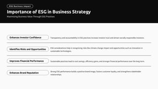 Enhances Investor Confidence
Identifies Risks and Opportunities
Improves Financial Performance
Enhances Brand Reputation
Transparency and accountability in ESG practices increase investor trust and attract socially responsible investors.
ESG considerations help in recognizing risks like climate change impact and opportunities such as innovation in
sustainable technologies.
Sustainable practices lead to cost savings, efficiency gains, and stronger financial performance over the long term.
Strong ESG performance builds a positive brand image, fosters customer loyalty, and strengthens stakeholder
relationships.
Importance of ESG in Business Strategy
Maximizing Business Value Through ESG Practices
ESG Business Impact
 