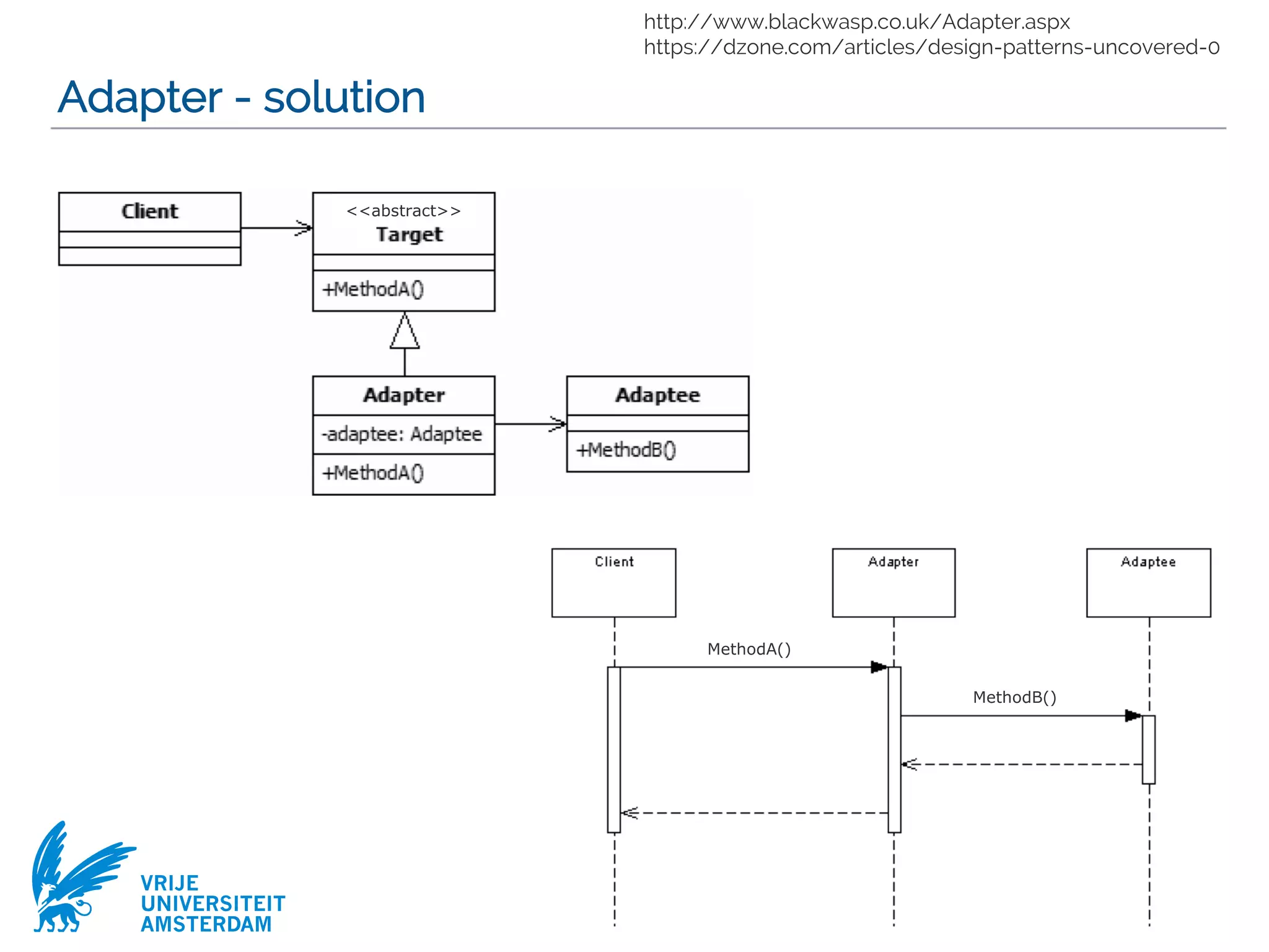 VRIJE
UNIVERSITEIT
AMSTERDAM
Adapter - solution
20
<<abstract>>
MethodB()
MethodA()
http://www.blackwasp.co.uk/Adapter.aspx
https://dzone.com/articles/design-patterns-uncovered-0
 
