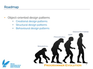 VRIJE
UNIVERSITEIT
AMSTERDAM
Roadmap
• Object-oriented design patterns
• Creational design patterns
• Structural design patterns
• Behavioural design patterns
2
 