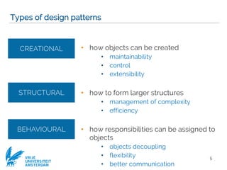 VRIJE
UNIVERSITEIT
AMSTERDAM
• how objects can be created
• maintainability
• control
• extensibility
• how to form larger structures
• management of complexity
• efficiency
• how responsibilities can be assigned to
objects
• objects decoupling
• flexibility
• better communication
Types of design patterns
5
CREATIONAL
STRUCTURAL
BEHAVIOURAL
 