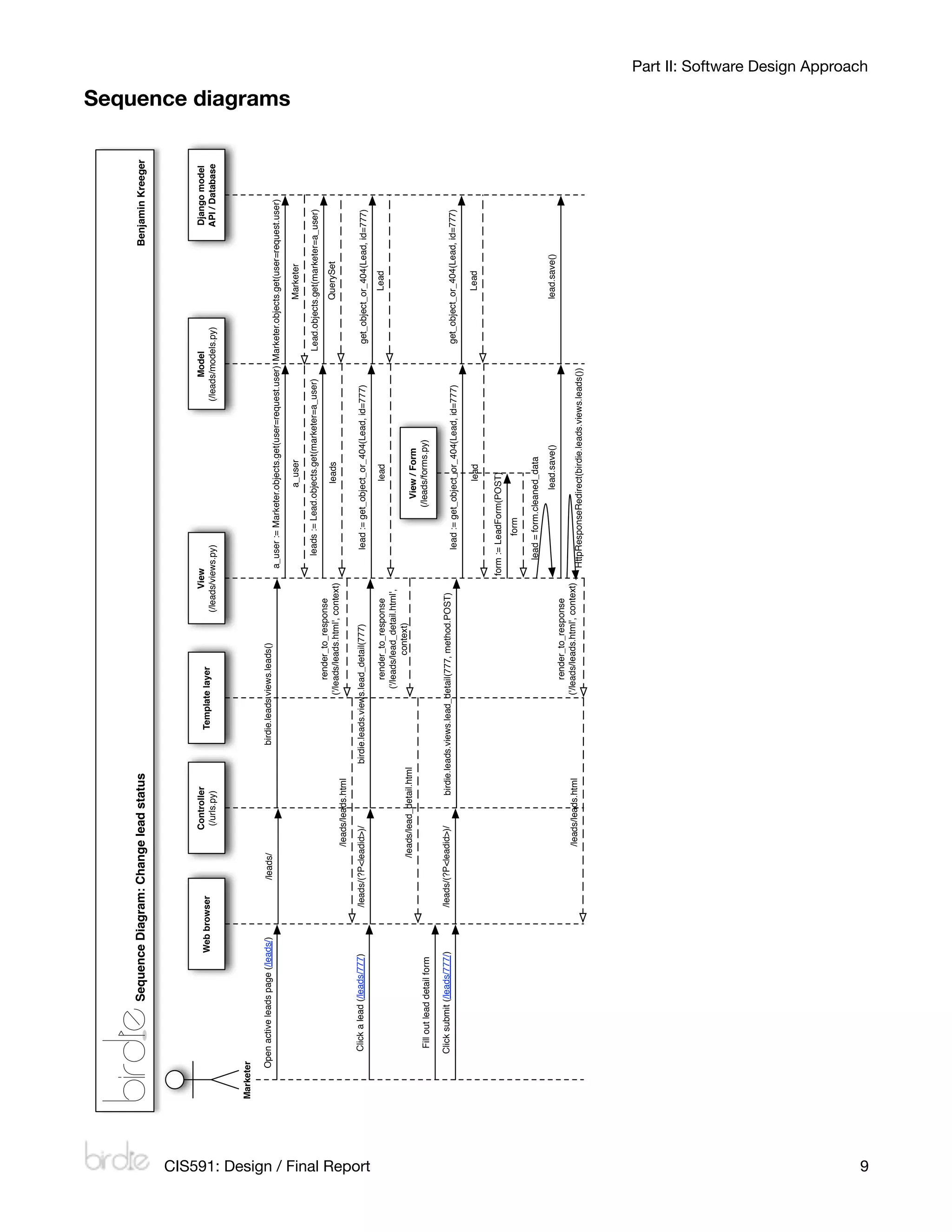 Sequence Diagram: Change lead status                                                                                                                                                           Benjamin Kreeger




                                                                                                     Controller                                                     View                                                Model                               Django model
                                                                         Web browser                                           Template layer
                                                                                                      (/urls.py)                                              (/leads/views.py)                                   (/leads/models.py)                        API / Database


                                 Marketer

                                       Open active leads page (/leads/)                /leads/                             birdie.leads.views.leads()
                                                                                                                                                                          a_user := Marketer.objects.get(user=request.user) Marketer.objects.get(user=request.user)
                                                                                                                                                                                                                                                                             Sequence diagrams




                                                                                                                                                                                              a_user                                      Marketer
                                                                                                                                                                             leads := Lead.objects.get(marketer=a_user)       Lead.objects.get(marketer=a_user)
                                                                                                                                             render_to_response
                                                                                                                                        ('/leads/leads.html', context)                         leads                                      QuerySet
                                                                                                 /leads/leads.html
                                            Click a lead (/leads/777)            /leads/(?P<leadid>)/                  birdie.leads.views.lead_detail(777)                    lead := get_object_or_404(Lead, id=777)           get_object_or_404(Lead, id=777)




CIS591: Design / Final Report
                                                                                                                                             render_to_response                                lead                                         Lead
                                                                                                                                         ('/leads/lead_detail.html',
                                                                                                                                                   context)
                                                                                             /leads/lead_detail.html                                                                        View / Form
                                             Fill out lead detail form                                                                                                                   (/leads/forms.py)

                                            Click submit (/leads/777/)           /leads/(?P<leadid>)/        birdie.leads.views.lead_detail(777, method.POST)
                                                                                                                                                                              lead := get_object_or_404(Lead, id=777)           get_object_or_404(Lead, id=777)

                                                                                                                                                                                               lead                                         Lead

                                                                                                                                                                         form := LeadForm(POST)
                                                                                                                                                                                  form

                                                                                                                                                                            lead = form.cleaned_data
                                                                                                                                                                                             lead.save()                                  lead.save()
                                                                                                                                             render_to_response
                                                                                                 /leads/leads.html                      ('/leads/leads.html', context)
                                                                                                                                                                          HttpResponseRedirect(birdie.leads.views.leads())
                                                                                                                                                                                                                                                                                                 Part II: Software Design Approach




9
 