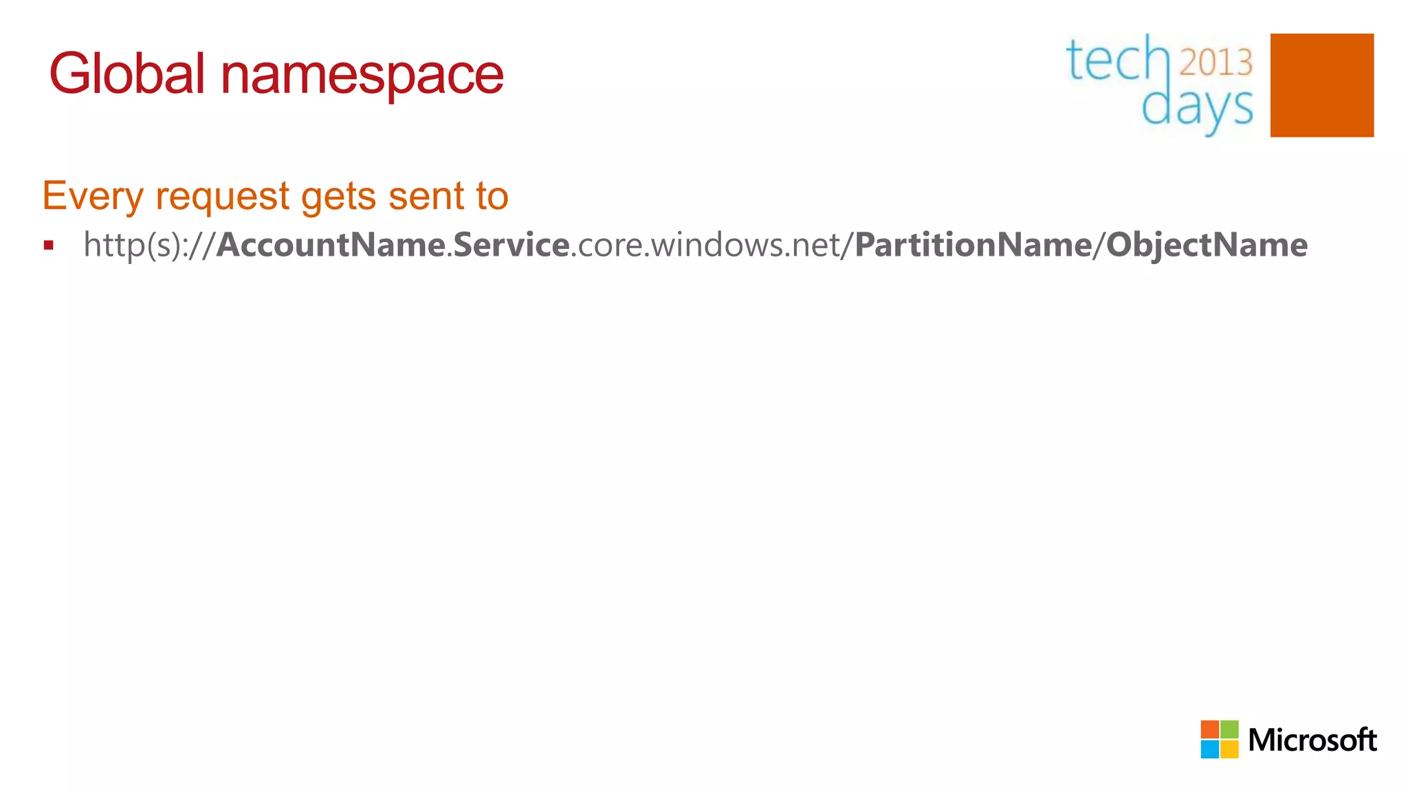 Global namespace

Every request gets sent to
 http(s)://AccountName.Service.core.windows.net/PartitionName/ObjectName
 