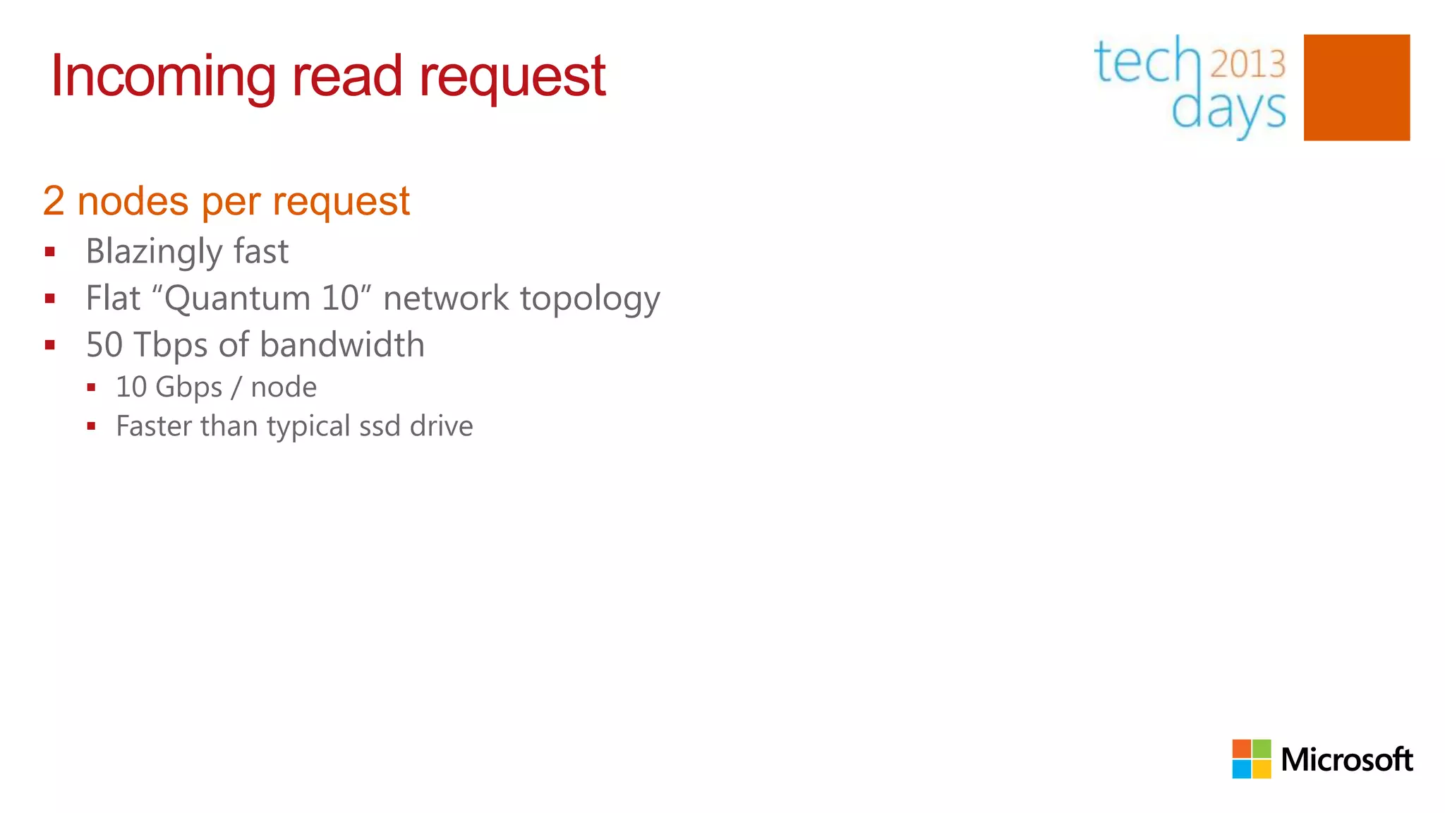Incoming read request

2 nodes per request
 Blazingly fast
 Flat “Quantum 10” network topology
 50 Tbps of bandwidth
   10 Gbps / node
   Faster than typical ssd drive
 