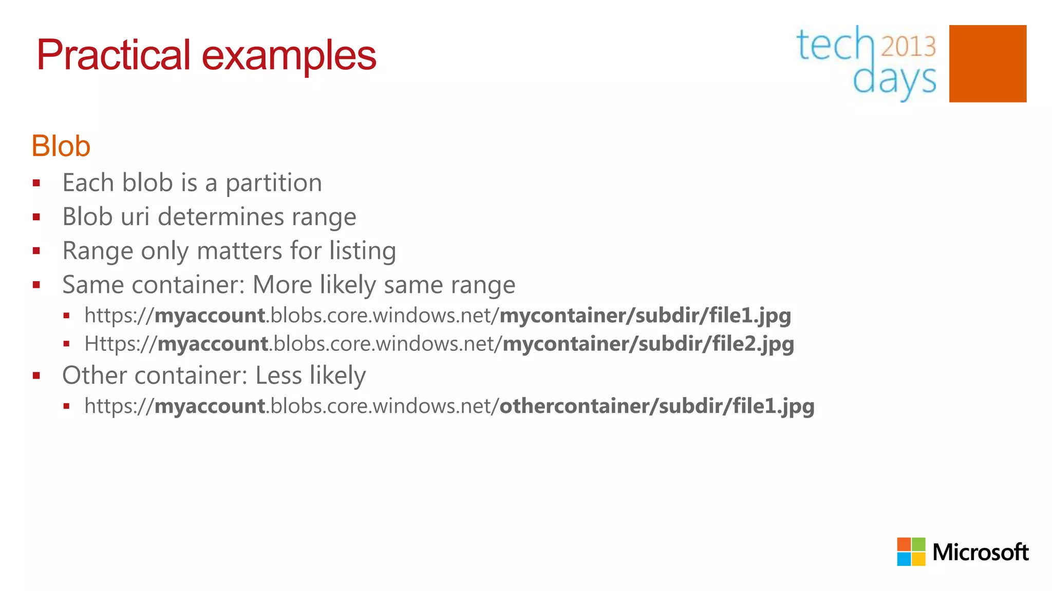 Practical examples

Blob
   Each blob is a partition
   Blob uri determines range
   Range only matters for listing
   Same container: More likely same range
     https://myaccount.blobs.core.windows.net/mycontainer/subdir/file1.jpg
     Https://myaccount.blobs.core.windows.net/mycontainer/subdir/file2.jpg
 Other container: Less likely
     https://myaccount.blobs.core.windows.net/othercontainer/subdir/file1.jpg
 