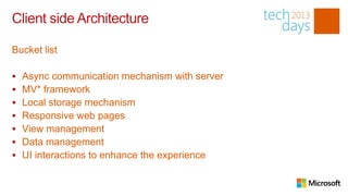 Client side Architecture

Bucket list

   Async communication mechanism with server
   MV* framework
   Local storage mechanism
   Responsive web pages
   View management
   Data management
   UI interactions to enhance the experience
 