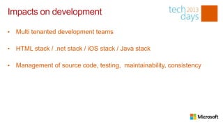 Impacts on development

•   Multi tenanted development teams

•   HTML stack / .net stack / iOS stack / Java stack

•   Management of source code, testing, maintainability, consistency
 