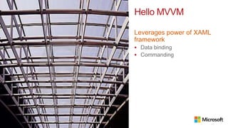 Hello MVVM

Leverages power of XAML
framework
 Data binding
 Commanding
 