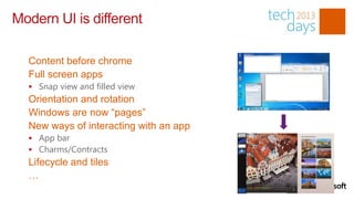 Modern UI is different

  Content before chrome
  Full screen apps
   Snap view and filled view
  Orientation and rotation
  Windows are now “pages”
  New ways of interacting with an app
   App bar
   Charms/Contracts
  Lifecycle and tiles
  …
 