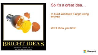 So it’s a great idea…

to build Windows 8 apps using
MVVM!


We’ll show you how!
 