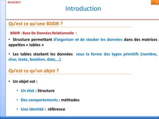 Introduction
09/10/2017 6
• Structure permettant d’organiser et de stocker les données dans des matrices
appelées « tables »
• Les tables stockent les données sous la forme des types primitifs (nombre,
char, texte, booléen, date,…)
Qu’est ce qu’une BDDR ?
BDDR : Base De Données Relationnelle :
• Un objet est :
• Un état : Structure
• Des comportements : méthodes
• Une identité : référence
Qu’est ce qu’un objet ?
 