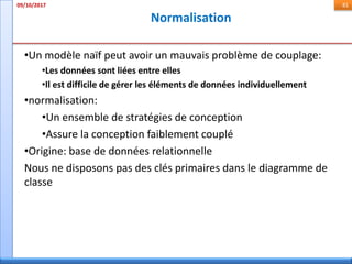 Normalisation
09/10/2017 81
•Un modèle naïf peut avoir un mauvais problème de couplage:
•Les données sont liées entre elles
•Il est difficile de gérer les éléments de données individuellement
•normalisation:
•Un ensemble de stratégies de conception
•Assure la conception faiblement couplé
•Origine: base de données relationnelle
Nous ne disposons pas des clés primaires dans le diagramme de
classe
 
