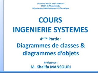 Université Hassan II de Casablanca
ENSET de Mohammedia
Département Mathématiques et Informatique
COURS
INGENIERIE SYSTEMES
4ème Partie :
Diagrammes de classes &
diagrammes d’objets
Professeur :
M. Khalifa MANSOURI
 