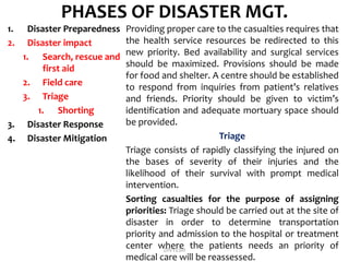 PHASES OF DISASTER MGT.
1. Disaster Preparedness
2. Disaster impact
1. Search, rescue and
first aid
2. Field care
3. Triage
1. Shorting
3. Disaster Response
4. Disaster Mitigation
Providing proper care to the casualties requires that
the health service resources be redirected to this
new priority. Bed availability and surgical services
should be maximized. Provisions should be made
for food and shelter. A centre should be established
to respond from inquiries from patient’s relatives
and friends. Priority should be given to victim’s
identification and adequate mortuary space should
be provided.
Triage
Triage consists of rapidly classifying the injured on
the bases of severity of their injuries and the
likelihood of their survival with prompt medical
intervention.
Sorting casualties for the purpose of assigning
priorities: Triage should be carried out at the site of
disaster in order to determine transportation
priority and admission to the hospital or treatment
center where the patients needs an priority of
medical care will be reassessed.
DIVYESH
 