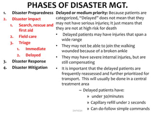 PHASES OF DISASTER MGT.
1. Disaster Preparedness
2. Disaster impact
1. Search, rescue and
first aid
2. Field care
3. Triage
1. Immediate
2. Delayed
3. Disaster Response
4. Disaster Mitigation
Delayed or medium priority: Because patients are
categorized, “Delayed” does not mean that they
may not have serious injuries; It just means that
they are not at high risk for death
• Delayed patients may have injuries that span a
wide range
• They may not be able to join the walking
wounded because of a broken ankle
• They may have severe internal injuries, but are
still compensating
• It is important that the delayed patients are
frequently reassessed and further prioritized for
transport. This will usually be done in a central
treatment area
– Delayed patients have:
» under 30/minutes
» Capillary refill under 2 seconds
» Can do-follow simple commandsDIVYESH
 