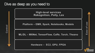 Dive as deep as you need to
Hardware – EC2, GPU, FPGA
ML/DL – MXNet, TensorFlow, Caffe, Torch, Theano
Platform – EMR, Spar...