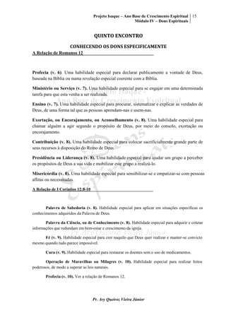 Projeto Isaque – Ano Base de Crescimento Espiritual
Módulo IV – Dons Espirituais
15
Pr. Ary Queiroz Vieira Júnior
QUINTO ENCONTRO
CONHECENDO OS DONS ESPECIFICAMENTE
A Relação de Romanos 12_______________________________
Profecia (v. 6). Uma habilidade especial para declarar publicamente a vontade de Deus,
baseada na Bíblia ou numa revelação especial coerente com a Bíblia.
Ministério ou Serviço (v. 7). Uma habilidade especial para se engajar em uma determinada
tarefa para que esta venha a ser realizada.
Ensino (v. 7). Uma habilidade especial para procurar, sistematizar e explicar as verdades de
Deus, de uma forma tal que as pessoas aprendam-nas e usem-nas.
Exortação, ou Encorajamento, ou Aconselhamento (v. 8). Uma habilidade especial para
chamar alguém a agir segundo o propósito de Deus, por meio do consolo, exortação ou
encorajamento.
Contribuição (v. 8). Uma habilidade especial para colocar sacrificialmente grande parte de
seus recursos à disposição do Reino de Deus.
Presidência ou Liderança (v. 8). Uma habilidade especial para ajudar um grupo a perceber
os propósitos de Deus a sua vida e mobilizar este grupo a realizá-lo.
Misericórdia (v. 8). Uma habilidade especial para sensibilizar-se e empatizar-se com pessoas
aflitas ou necessitadas.
A Relação de I Coríntios 12:8-10______________________________
Palavra de Sabedoria (v. 8). Habilidade especial para aplicar em situações específicas os
conhecimentos adquiridos da Palavra de Deus.
Palavra da Ciência, ou de Conhecimento (v. 8). Habilidade especial para adquirir e coletar
informações que redundam em bem-estar e crescimento da igreja.
Fé (v. 9). Habilidade especial para crer naquilo que Deus quer realizar e manter-se convicto
mesmo quando tudo parece impossível.
Cura (v. 9). Habilidade especial para restaurar os doentes sem o uso de medicamentos.
Operação de Maravilhas ou Milagres (v. 10). Habilidade especial para realizar feitos
poderosos, de modo a superar as leis naturais.
Profecia (v. 10). Ver a relação de Romanos 12.
 