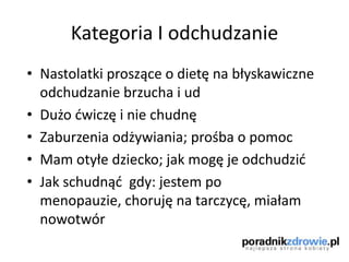Kategoria I odchudzanie
• Nastolatki proszące o dietę na błyskawiczne
odchudzanie brzucha i ud
• Dużo dwiczę i nie chudnę
• Zaburzenia odżywiania; prośba o pomoc
• Mam otyłe dziecko; jak mogę je odchudzid
• Jak schudnąd gdy: jestem po
menopauzie, choruję na tarczycę, miałam
nowotwór
 