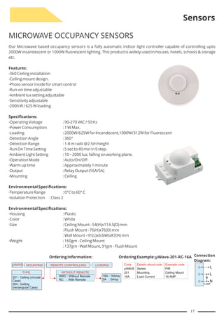 Sensors
MICROWAVE OCCUPANCY SENSORS
Our Microwave based occupancy sensors is a fully automatic indoor light controller capable of controlling upto
2000W incandescent or 1000W fluorescent lighting. This product is widely used in houses, hotels, schools & storage
etc.
Features:
360 Ceiling installation
Ceiling mount design.
Photo sensor inside for smart control
Run-on time adjustable
Ambient lux setting adjustable
Sensitivity adjustable
2000 W / 625 W loading
Specifications:
Operating Voltage : 90-270 VAC / 50 Hz
Power Consumption : 1 W Max.
Loading : 2000W/625W for Incandecent,1000W/312W for Fluorescent
Detection Angle : 360°
Detection Range : 1-8 m radii @2.5m height
Run On Time Setting : 5 sec to 40 min in 9 step.
Ambient Light Setting : 10 – 2000 lux, falling on working plane.
Operation Mode : Auto/On/Off
Warm up time : Approximately 1 minute
Output : Relay Output (16A/5A)
Mounting : Ceiling
Environmental Specifications:
Temperature Range : 0°C to 60° C
Isolation Protection : Class 2
Environmental Specifications:
Housing : Plastic
Color : White
Size : Ceiling Mount - 54(H)x114.5(D) mm
: Flush Mount - 76(H)x76(D) mm
: Wall Mount - 91(L)x63(W)x87(H) mm
Weight : 160gm - Ceiling Mount
: 137gm - Wall Mount, 91gm - Flush Mount
Ordering Information: Ordering Example: µWave-201-RC-16A
µWAVE MOUNTING REMOTE CONTROLLING LOADING
WITHOUT REMOTE
WRC : Without Remote
RC : With Remote
Code Details about code Example code
µWAVE Series PIR
201 Mounting Ceiling Mount
16A Load Current 16 AMP
16A : 16Amp
5A : 5Amp
Connection
Diagram:
TYPE
201 : Ceiling (circular
Case)
204 : Ceiling
(rectangular Case)
L
L
N
Load
17
 