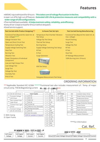 §
440VAC input withstand for 8 hours:-
§
Lower cut off & high cut off feature:-
§
Thermal fold back available:-
§
Every driver is kept on load for 8 hours before despatch.
§
Good service support.
Applicable Standard IEC 62384 Functional test also includes measurement of : Temp. of major
circuit comp. THD & Magnetizing current
C: With Casing
O: Open Frame
****For Information
This takes care of voltage fluctuation in the line.
Extended LED Life & protective measures and compatibility with a
wider range of LED configurations.
It helps maintain safety, reliability, and efficiency.
******
***
Features
Test Carried while Product Designing*** In-house Test Set Up’s Test Carried During Manufacturing
Functional Test (Beyond the rated min. &
max. voltage)
Voltage Variation Test
Open and Short Circuit Test
Temperature Cycling Test
Supply Voltage Switching Test
Heat Test
Burning Test
Vibration Test
Power Dissipation of Individual
Component
Low and High Output Test
Low Voltage Test
Surge Test
Voltage Dip Test
Humidity Test
IR & IS Test
*****
Temperature Test Chamber Vibration
Test Setup
Voltage Dip Test Setup
Thermal Test Setup
Burning Setup
Supply Voltage Switching Test Setup
IR Test
IS Test
Surge Generator
EMI Test Setup
Yokogawa Measurement Test Setup
Functional Test (Beyond the rated min. &
max. voltage)
Visual Checking
Surge Test
Voltage Dip Test
IR Test
IS Test
Heat Test
I/P Wattage Measurement
100% Burning (min. 8 hours)
ORDERING INFORMATION
PI - XX - Y - LMN Z****
0 1A
1 0.35A
2 0.70A
3 1A
4 1.3A
5 2A
6 2.4/3A
7 5A
8 10A
9 0.40A
10 8.5A
11 6.25A
12 1.4A
13 12.5A
14 18A
15 1.6A
ABI Isolated Indoor Driver
PF Power Factor Corrected
A/AC Professional Series
ABN Non-Isolated Driver
SPD Surge Protection Device
WS Linear Series
W Normal Series
WSS Super Slim Linear Series
AC-P/ ABS/ACS Economy Series
IP Ingress Protection
13 AC-DC LED Driver
14
Constant Voltage
LED Driver
15
Non-Isolated Tube
Light Driver
16
Isolated Tube Light
Driver
17
Constant Voltage
DC-DC LED Driver
Input Supply
A 12V DC
B 24V DC
D 230V AC
E 24V AC
AB 12/24V DC
FD 230V AC Triac Dimmable
AD Analog Dimmable
G 24V DC
DD Dali Dimmable
110V AC available on request
O/P Power
1 1W
24 24W
120 120W
Actual O/P Lower Voltage
XXX V YYY - ZZZ
Actual O/P Higher Voltage Actual O/P Current
Cat. Ref.
O/P Lower
Voltage
PI WWW V XXX - YYY A ZZZ - P
O/P Higher
Voltage
O/P Lower
Current
O/P Higher
Current
19
 