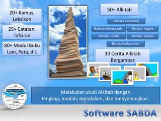 50+ Alkitab
  20+ Kamus,
   Leksikon                                         Bahasa Indonesia

 25+ Catatan,                           Bahasa-bahasa suku     Bahasa Inggris

   Tafsiran                               Bahasa Ibrani        Bahasa Yunani

                                                  Bahasa-bahasa lain
80+ Modul Buku
 Lain, Peta, dll.                             30 Cerita Alkitab
                                                Bergambar




                            Melakukan studi Alkitab dengan
                    lengkap, mudah, mendalam, dan menyenangkan.
 