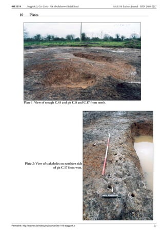 04E1119        Stagpark 3, Co. Cork - N8 Mitchelstown Relief Road            ISSUE 10: Eachtra Journal - ISSN 2009-2237


        10        Plates




             Plate 1: View of trough C.45 and pit C.8 and C.17 from north.




             Plate 2: View of stakeholes on northern side
                                   of pit C.17 from west.




Permalink: http://eachtra.ie/index.php/journal/04e1119-stagpark3/                                                   23
 