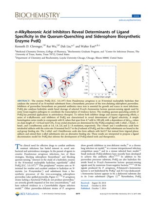n‑Alkylboronic Acid Inhibitors Reveal Determinants of Ligand
Speciﬁcity in the Quorum-Quenching and Siderophore Biosynthetic
Enzyme PvdQ
Kenneth D. Clevenger,†,#
Rui Wu,‡,#
Dali Liu,*,‡
and Walter Fast*,§,⊥
§
Medicinal Chemistry Division, College of Pharmacy, †
Biochemistry Graduate Program, and ⊥
Center for Infectious Disease, The
University of Texas, Austin, Texas 78712, United States
‡
Department of Chemistry and Biochemistry, Loyola University Chicago, Chicago, Illinois 60660, United States
ABSTRACT: The enzyme PvdQ (E.C. 3.5.1.97) from Pseudomonas aeruginosa is an N-terminal nucleophile hydrolase that
catalyzes the removal of an N-myristyl substituent from a biosynthetic precursor of the iron-chelating siderophore pyoverdine.
Inhibitors of pyoverdine biosynthesis are potential antibiotics since iron is essential for growth and scarce in most infections.
PvdQ also catalyzes hydrolytic amide bond cleavage of selected N-acyl-L-homoserine lactone quorum-sensing signals used by
some Gram-negative pathogens to coordinate the transcription of virulence factors. The resulting quorum-quenching activity of
PvdQ has potential applications in antivirulence therapies. To inform both inhibitor design and enzyme engineering eﬀorts, a
series of n-alkylboronic acid inhibitors of PvdQ was characterized to reveal determinants of ligand selectivity. A simple
homologation series results in compounds with Ki values that span from 4.7 mM to 190 pM, with a dependence of ΔGbind values
on chain length of −1.0 kcal/mol/CH2. X-ray crystal structures are determined for the PvdQ complexes with 1-ethyl-, 1-butyl-, 1-
hexyl-, and 1-octylboronic acids at 1.6, 1.8, 2.0, and 2.1 Å resolution, respectively. The 1-hexyl- and 1-octylboronic acids form
tetrahedral adducts with the active-site N-terminal Ser217 in the β-subunit of PvdQ, and the n-alkyl substituents are bound in the
acyl-group binding site. The 1-ethyl- and 1-butylboronic acids also form adducts with Ser217 but instead form trigonal planar
adducts and extend their n-alkyl substituents into an alternative binding site. These results are interpreted to propose a ligand
discrimination model for PvdQ that informs the development of PvdQ-related tools and therapeutics.
The clinical need for eﬀective drugs to combat antibiotic
resistant infections has fueled interest in novel anti-
bacterial and antivirulence strategies. In the pursuit of agents to
counter Pseudomonas aeruginosa infections, two of these
strategies, blocking siderophore biosynthesis1
and blocking
quorum-sensing,2
intersect in the study of a hydrolytic enzyme
in the N-terminal nucleophile hydrolase superfamily3
called
PvdQ (E.C. 3.5.1.97).4,5
This periplasmic6
enzyme uses an N-
terminal Ser residue and covalent catalysis to hydrolyze an N-
myristic (or N-myristoleic7
) acid substituent from a bio-
synthetic precursor of the iron-scavenging siderophore
pyoverdine (also spelled pyoverdin, Figure 1).7−10
P. aeruginosa
strains lacking a functional PvdQ do not produce pyoverdine,5
are severely growth impaired at low iron concentrations,11
and
have reduced virulence in a Caenorhabditis elegans infection
model.11
Other pyoverdine-deﬁcient strains of P. aeruginosa
show growth inhibition in iron-deﬁcient media,12
in a chronic
lung infection rat model,13
in a mouse intraperitoneal infection
competition assay,13
and in a mouse infected burn model.12
Small molecule PvdQ inhibitors have recently been developed
to achieve this antibiotic eﬀect.9,10,14
In addition to the
pyoverdine precursor substrate, PvdQ can also hydrolyze the
amide bond in N-acyl-L-homoserine lactone quorum-sensing
signals used by numerous Gram-negative bacteria.4,10,15
Of the
signals produced by P. aeruginosa, N-butanoyl-L-homoserine
lactone is not hydrolyzed by PvdQ,4
and N-3-oxo-dodecanoyl-
L-homoserine lactone appears to be a disfavored substrate due
to its 3-oxo substituent (Figure 1).10
Nevertheless, PvdQ
Received: August 28, 2014
Revised: October 6, 2014
Published: October 7, 2014
Article
pubs.acs.org/biochemistry
© 2014 American Chemical Society 6679 dx.doi.org/10.1021/bi501086s | Biochemistry 2014, 53, 6679−6686
 