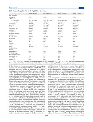 2). The aﬃnities vary over a wide scope, with Ki values ranging
from 4.7 mM (C3-B(OH)2) to 190 pM (C12-B(OH)2), an
impressive span of 8 orders of magnitude for a simple
homologation series. In general, aﬃnity increases with chain
length, although n-alkylboronic acids with substituents ≥13
carbons in length fall oﬀ this trend. This deviation likely reﬂects
steric occlusion of the inhibitors due to the limited size of the
acyl-group binding pocket in PvdQ. The C13-B(OH)2 inhibitor
is structurally homologous to the myristic acid substituent of
the pyoverdine precursor substrate7
and indicates that PvdQ
appears to have been evolutionarily optimized for eﬃcient
catalysis of substrates containing this length n-alkyl substituent.
Binding aﬃnity increases exponentially with n-alkyl chain
length, and a corresponding plot of ΔGbind values shows a linear
dependence from C6- through C12-B(OH)2 compounds
(Figure 2). Excluding longer compounds, which are likely
sterically occluded, and shorter compounds, which bind in a
diﬀerent conformation (vide infra), inhibitor aﬃnity increases
by −1.0 ± 0.1 kcal/mol/CH2. Extrapolation to a chain length of
zero estimates a Ki for borate of ∼50 mM (Figure 2). To put
these values in context, the dependence of binding energy on
chain length reveals a more favorable value than that measured
for partitioning of small molecules between water and n-octanol
(−0.68 kcal/mol/CH2),30,31
approaches the contribution of
buried hydrophobic residues to protein stability (−1.3 kcal/
mol/CH2),32
and falls short of the predicted maximum aﬃnity
of ligands to proteins (−1.5 kcal/mol/atom,33
although this
limit can be exceeded in particular cases34
). Thorpe and co-
workers reported a similar analysis for binding a series of n-
alkyl-S-coenzyme A derivatives to medium-chain acyl-CoA
dehydrogenase and found a similar exponential dependence of
Kd on chain length that spans 5 orders of magnitude, but with a
weaker dependence of −0.39 kcal/mol/CH2.35
Therefore, this
portion of the PvdQ acyl-group binding pocket appears to be
highly optimized for hydrophobic binding of n-acyl substitu-
ents.
To investigate the conformations of diﬀerent sized ligands
bound to PvdQ, we determined the crystal structures of PvdQ
in complex with the C8-, C6-, C4- and C2-B(OH)2 inhibitors,
at 1.6−2.1 Å resolutions. Data collection and processing
statistics are given in Table 2. Protein residues in the resulting
heterodimer are numbered consecutively, as described
previously,10
with the N-terminal Ser in the β-chain assigned
as Ser217. The resulting structural models of the PvdQ:C8-
B(OH)2 and PvdQ:C6-B(OH)2 complexes were very similar
overall to the previous structure we reported for the
PvdQ:C13-B(OH)2 complex,10
each showing an RMSD of
approximately 0.2 Å and revealing that the N-terminal S217
residues all adopt nearly identical conformations. Both models
are consistent with the formation of a new dative covalent bond
between the active-site S217−Oγ
and the boron of the inhibitor
(Figure 3A,B,E), resulting in an anionic tetrahedral adduct that
mimics the second proposed tetrahedral transition state in
substrate turnover, as was observed earlier with C13-B(OH)2.10
On the basis of the simulated annealing omit density maps
(Fo−Fc) shown, the n-alkyl substituent of C8-B(OH)2 is more
stable than that of C6-B(OH)2 and corresponds with the higher
aﬃnity of this compound. The n-alkyl substituents of these
Table 2. Crystallographic Data for PvdQ/Inhibitor Complexes
PvdQ:C2-B(OH)2 PvdQ:C4-B(OH)2 PvdQ:C6-B(OH)2 PvdQ:C8-B(OH)2
Data Processing
space group C2221 C2221 C2221 C2221
cell dimension
α, β, γ (deg) 121.9; 167.5; 94.5 121.3; 167.5; 95.0 121.1; 168.2; 94.9 120.7; 166.5; 94.5
a, b, c (Å) 90; 90; 90 90; 90; 90 90; 90; 90 90; 90; 90
resolution (Å) 42.6−1.6 47.5−1.8 39.0−2.0 47.3−2.1
Rmerge (%)a
7.8 (83.4)b
15.9 (100)b
24.1 (100)b
13.4 (81.3)b
I/σ(I) 12.7 (1.4) 10.1 (1.2) 5.4(1.6) 13.1(3.1)
completeness (%) 99.5(100) 99.9(100) 99.2(98.7) 99.9(99.7)
multiplicity 3.8 (3.7) 5.7 (5.8) 5.1 (5.1) 7.5 (7.6)
no. reﬂections 453318 527445 327941 393018
no. unique reﬂections 119528 92191 64713 52338
Reﬁnement
Rwork
c
/Rfree
d
(%) 15.9/19.0 16.5/19.2 18.2/21.5 15.1/19.3
no. of atoms 6372 6361 6216 6175
protein 5587 5743 5572 4661
water 781 650 548 499
B-factors
average 29.2 34.7 38.2 31.8
ligand 29.7−43.6 17.4−51.9 27.5−83.2 15.1−39.6
(n-alkyl-B(OH)2)
RMSDe
bond length (Å) 0.019 0.013 0.003 0.008
bond angle (deg) 1.707 1.396 0.750 1.03
Ramachandran Statistics
most favored (%) 97.4 97.3 95.8 96.5
allowed (%) 2.6 2.7 3.9 3.4
outliers (%) 0.00 0.00 0.3 0.1
a
Rmerge = Σ|Iobs − Iavg|/ΣIavg. b
The values for the highest resolution bin are in parentheses. c
Rwork = Σ|Fobs −Fcalc|/ΣFobs. d
Five percent of the reﬂection
data were selected at random as a test set and only these data were used to calculate Rfree. e
RMSD, root-mean-square deviation.
Biochemistry Article
dx.doi.org/10.1021/bi501086s | Biochemistry 2014, 53, 6679−66866682
 