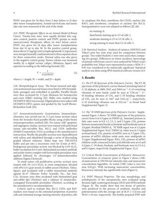 4 BioMed Research International
PNPC was given for 24 days, from 3 days before to 21 days
after tumor transplantation. Animal survival rate and tumor
take rate were measured at the end of the study.
2.15. PNPC Therapeutic Effects on an Animal Model of Breast
Cancer. Twenty-four mice were equally divided into neg-
ative control, positive control, and PNPC groups to study
nanocurcumin therapeutic effects on mice breast cancer.
PNPC was given for 24 days after tumor transplantation
from day 14 up to day 38. In the positive control group,
doxorubicin (5 mg/kg) and cyclophosphamide (2 mg/mouse)
were intraperitoneally coadministered in three separate doses
for three consecutive weeks. Normal saline was also given
in the negative control group. Tumor volume was measured
weekly by a digital vernier caliper (Mitutoyo, Japan) and
reported according to the following formula [21]:
𝑉 =
1
6 (𝜋𝐿𝑊𝐷)
, (2)
where 𝐿 = length, 𝑊 = width, and 𝐷 = depth.
2.16. Histopathological Assay. The breast tumoral and adja-
cent nontumoral mucosal tissues were fixed in 10% formalde-
hyde, passaged, and embedded in paraffin. Paraffin blocks
were then sectioned by 3–5 𝜇m thickness for hematoxylin
and eosin (H&E) staining [22]. Slides were studied using
OLYMPUS-BX51 microscope. Digital photos were taken with
OLYMPUS-DP12 camera and graded by the Scarff-Bloom-
Richardson Scale [23].
2.17. Immunohistochemistry Examinations. Immunohisto-
chemistry was carried out on 3–5 𝜇m tissue sections taken
from the formalin-fixed paraffin blocks using avidin-biotin
immunoperoxidase method [24]. For tumor cells’ apoptotic
and angiogenic studies, sections were stained with polyclonal
mouse anti-rat/rabbit Bax, Bcl-2, and CD31 antibodies
(DAKO Corporation, USA) according to the manufacturer’s
instructions. Briefly, the paraffin sections were deparaffinized
with xylene and rehydrated through a series of descending
graded ethanol solutions. Slides kept into TBS-EDTA
buffer and put into a microwave oven for 15 min at 90∘
C.
Endogenous peroxidase activity was blocked by 0.3% H2O2
buffer incubation for 15 min. Biotinylated secondary antibody
and avidin-biotin complex with horseradish peroxidase were
applied followed by chromogen 3,3󸀠
-diaminobenzidine
addition (Sigma Chemical).
To study tumor cell proliferative activity, sections were
treated with 3% (v/v) H2O2 at room temperature, blocked
with 10% (v/v) goat serum or rabbit serum (Nichirei, Tokyo,
Japan), and incubated with a rabbit monoclonal antibody
against Ki-67 (Thermo Fisher Scientific Inc., San Jose,
CA). Sections were then incubated with biotinylated goat
anti-rabbit IgG (Nichirei) and a solution of streptavidin-
conjugated horseradish peroxidase (Nichirei) according to
the manufacturer’s recommendations.
Criteria used to evaluate Bax, Bcl-2, CD31, and Ki67
markers were based on the estimated proportion of positive
cells and estimated average staining intensity of positive cells
in cytoplasm (for Bax), membrane (for CD31), nucleus (for
Ki67), and membrane, cytoplasm or nucleus (for Bcl-2).
Semiquantitative score was adopted as follows [22, 24]:
no staining: 0;
faint/barely staining up to 1/3 of cells: 1,
moderate staining in 1/3 to 1/2 of cells: 2,
strong staining in more than 1/2 of cells: 3.
2.18. Statistical Analysis. Analysis of variance (ANOVA) and
Tukey’s post hoc tests were used for comparison between
groups. Two-tailed Student’s 𝑡-tests were used when compar-
ing two groups. Differences in tumor incidence (percentage
of animals with breast cancer) were analyzed by Fisher’s exact
probability test. Values were represented as mean ± SEM. 𝑃 <
0.05 was considered to be statistically significant. Statistical
analysis was done using SPSS statistical software version 14.0.
3. Results
3.1. The FT-IR Spectrum of the Polymeric Carrier. The FT-IR
spectrum of the polymeric carrier showed stretching band of
C–H aliphatic at 2889, 2947, and 2960 cm−1
. C=O stretching
vibration of ester bands could be seen at 1736 cm−1
. C–
H bending vibration of CH2 and C–H bending vibration
of CH3 can be seen in 1467 and 1343 cm−1
, respectively.
C–O stretching vibration was at 1112 cm−1
as broad band
(Supplemental Figure 2).
3.2. The 1
H NMR Spectrum of the Polymeric Carrier. Supple-
mental Figure 3 shows 1
H NMR spectrum of the polymeric
carrier from 0 to 6.5 ppm in DMSO-d5. Saturated protons in
fatty ester were at 0.8, 1.2, 1.5, 2, and 2.3 ppm. CH2 protons
between unsaturated bonds in linoleate and linolenate were at
2.6 ppm. Residual DMSO-d5
1
H NMR signal was at 2.5 ppm
(Supplemental Figure 3(a)). DMSO-d5 water was in 3.3 ppm
as broad band. CH3 protons of mPEG were in 3.2 ppm. CH2
protons of mPEG ethylene oxide units were multipeaks in
3.5 ppm (Supplemental Figure 3(b)). CH2 protons of mPEG
ethylene oxide connected to fatty acid chloride were at 4.1 and
4.2 ppm. C–H oleate, linoleate, and linolenate were in 5.3, 6.2,
and 6.4 ppm, respectively (Supplemental Figure 3(c)).
3.3. Critical Micelle Concentration of Polymeric Nanocarrier.
Concentration at crossover point in Figure 1 shows CMC
of nanocarrier at 339/334 nm intensity ratio and nanocarrier
concentration logarithm. As noted, CMC value is very low
near 0.03 g/L. With increasing nanocarrier concentration,
florescence intensity has significantly risen (Figure 1).
3.4. PNPC Physical Properties. The size, morphology, and
polydispersity of the nanoparticles were evaluated using
dynamic light-scattering technique (DLS) and AFM methods
(Figure 2). The results show that two forms of particles
were produced in the process of synthesis, micelles and
polymersomes with the average size of 18.33 ± 5.32 nm and
99.44 ± 65 nm, respectively. The freshly prepared PNP with
 