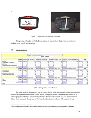  13
 
 
 
 
 
 
 
 
 
 
Figure 12: Brakeless Deceleration Indicator 
 
This product is listed at $129.95, demonstrating its superiority to the previously mentioned 
products in the bicycle safety market.  
 
 
2.3.4 ­ ​Value Analysis 
Table 1. Competitive Value Analysis 
 
The value analysis demonstrates that the chosen design is the most valuable product compared to 
the market competitors based on the chosen criteria. Comparing market competitors was beneficial in 
order to properly understand features that customer’s demand in the market, and how well companies 
deliver those features in their products. The brakeless deceleration indicator (44) is easily the top 
13
 http://vololights.com/products/vololights­enhanced­motorcycle­visibility/#shopify­product­reviews 
 
20 
 