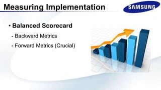 Measuring Implementation
• Balanced Scorecard
- Backward Metrics
- Forward Metrics (Crucial)
 