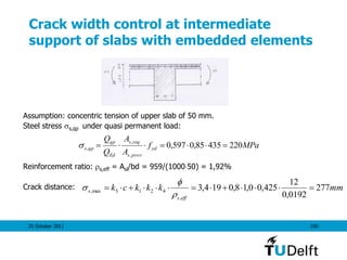 25 October 2011 100
Crack width control at intermediate
support of slabs with embedded elements
Assumption: concentric tension of upper slab of 50 mm.
Steel stress s,qp under quasi permanent load:
Reinforcement ratio: s,eff = Asl/bd = 959/(100050) = 1,92%
Crack distance:
MPaf
A
A
Q
Q
yd
provs
reqs
Ed
qp
qps 22043585,0597,0
,
,
, 
mmkkkck
effs
s 277
0192,0
12
425,00,18,0194,3
,
4213max, 



 