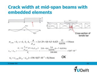 25 October 2011 103
Crack width at mid-span beams with
embedded elements
Cross-section of
tensile bar
mmkkkck
effs
s 156
0356,0
12
425,05,08,0294,3
,
4213max, 



3
,
,
,
1087,0
000.200
)0356,071(
0356,0
6,2
4,0210)1(






s
effpe
effp
effct
ts
cmsm
E
f
k 



mmsw cmsmrk 14,01087,0156)( 3
max,  
 OK
 