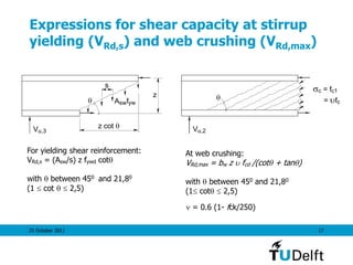 25 October 2011 17
Expressions for shear capacity at stirrup
yielding (VRd,s) and web crushing (VRd,max)

Vu,2
cc1=f
=fc
Vu,3
s
z
zcot
Afswyw

Vu,2
c c1= f
= f c
Vu,3
s
z
z cot 
A fsw yw
For yielding shear reinforcement:
VRd,s = (Asw/s) z fywd cot
with  between 450 and 21,80
(1  cot   2,5)
At web crushing:
VRd,max = bw z  fcd /(cot + tan)
with  between 450 and 21,80
(1 cot  2,5)
 = 0.6 (1- fck/250)
 