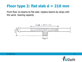 25 October 2011 32
Floor type 2: flat slab d = 210 mm
From floor on beams to flat slab: replace beams by strips with
the same bearing capacity
 
