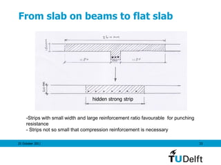 25 October 2011 33
From slab on beams to flat slab
hidden strong strip
-Strips with small width and large reinforcement ratio favourable for punching
resistance
- Strips not so small that compression reinforcement is necessary
 