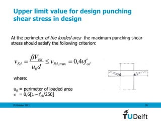 25 October 2011 39
Upper limit value for design punching
shear stress in design
cdRd
Ed
Ed fv
du
V
v 

4,0max,
0

At the perimeter of the loaded area the maximum punching shear
stress should satisfy the following criterion:
where:
u0 = perimeter of loaded area
 = 0,6[1 – fck/250]
 