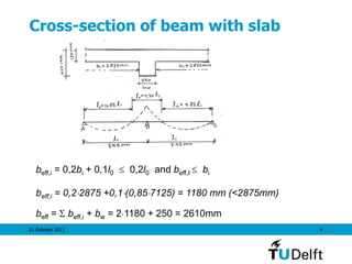 25 October 2011 4
Cross-section of beam with slab
beff,i = 0,2bi + 0,1l0  0,2l0 and beff,I  bi
beff,i = 0,22875 +0,1(0,857125) = 1180 mm (<2875mm)
beff = S beff,i + bw = 21180 + 250 = 2610mm
 