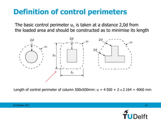 25 October 2011 41
Definition of control perimeters
The basic control perimeter u1 is taken at a distance 2,0d from
the loaded area and should be constructed as to minimise its length
Length of control perimeter of column 500x500mm: u = 4500 + 22164 = 4060 mm
 