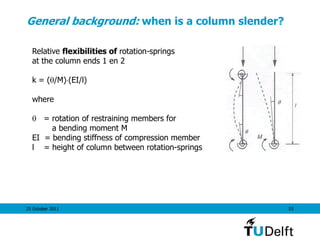 25 October 2011 53
General background: when is a column slender?
Relative flexibilities of rotation-springs
at the column ends 1 en 2
k = (/M)(EI/l)
where
 = rotation of restraining members for
a bending moment M
EI = bending stiffness of compression member
l = height of column between rotation-springs
 