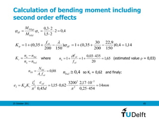 25 October 2011 65
Calculation of bending moment including
second order effects
where (estimated value  = 0,03)
so Kr = 0,62 and finaly:
4,02
25,1
23,0
0
0



 
Ed
Eqp
eff
M
M
14,14,0)
150
9,22
200
30
35,0(1)
150200
35,0(1  eff
ckf
K 


balu
Edu
r
nn
nn
K


 65,1
20
43503,0
11 


cd
yd
u
f
f
n

88,0
cdc
Ed
Ed
fA
N
n 4,0baln
mm
d
l
KKe
yd
r 14
45425,0
1017,23200
62,015,1
45,0
3
2
2
2
2
0
2 








 