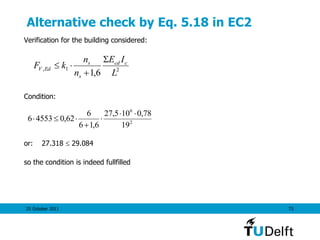 25 October 2011 73
Alternative check by Eq. 5.18 in EC2
Verification for the building considered:
Condition:
or: 27.318  29.084
so the condition is indeed fullfilled
21,
6,1 L
IE
n
n
kF ccd
s
s
EdV
S


2
6
19
78,0105,27
6,16
6
62,045536




 
