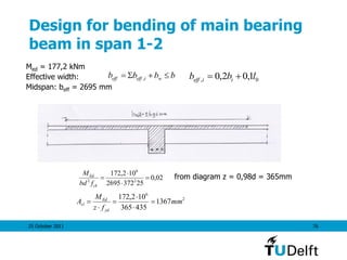 25 October 2011 76
Design for bending of main bearing
beam in span 1-2
Med = 177,2 kNm
Effective width:
Midspan: beff = 2695 mm
from diagram z = 0,98d = 365mm
bbbb wieffeff S , 0, 1,02,0 lbb iieff 
02,0
253722695
102,172
2
6
2




ck
Ed
fbd
M
2
6
1367
435365
102,172
mm
fz
M
A
yd
Ed
sl 





 