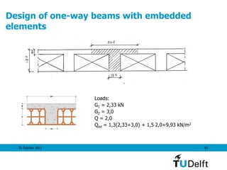 25 October 2011 81
Design of one-way beams with embedded
elements
Loads:
G1 = 2,33 kN
G2 = 3,0
Q = 2,0
Qed = 1,3(2,33+3,0) + 1,52,0=9,93 kN/m2
 