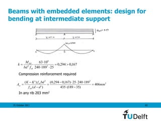 25 October 2011 82
Beams with embedded elements: design for
bending at intermediate support
Compression reinforcement required
In any rib 203 mm2
167,0294,0
25189240
1063
2
6
2




ck
Ed
fbd
M
k
2
22
406
)35189(435
18924025)167,0294,0(
)'(
)'(
mm
ddf
bdfKK
A
yd
ck
sc 






 