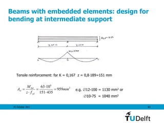 25 October 2011 83
Beams with embedded elements: design for
bending at intermediate support
Tensile reinforcement: for K = 0,167 z = 0,8189=151 mm
e.g. 12-100 = 1130 mm2 or
2
6
959
435151
1063
mm
fz
M
A
yd
Ed
sl 





10-75 = 1040 mm2
 
