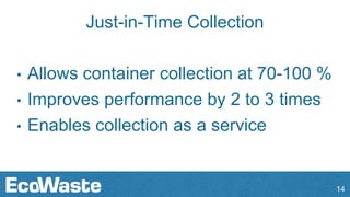 Just-in-Time Collection
• Allows container collection at 70-100 %
• Improves performance by 2 to 3 times
• Enables collection as a service
14
 